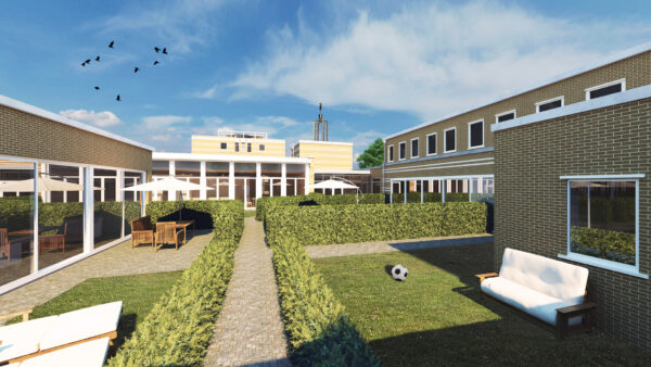 Artist impression van het binnenhof van Garenkokerskade 81, met privétuinen, hagen en terrassen tussen de bouwdelen