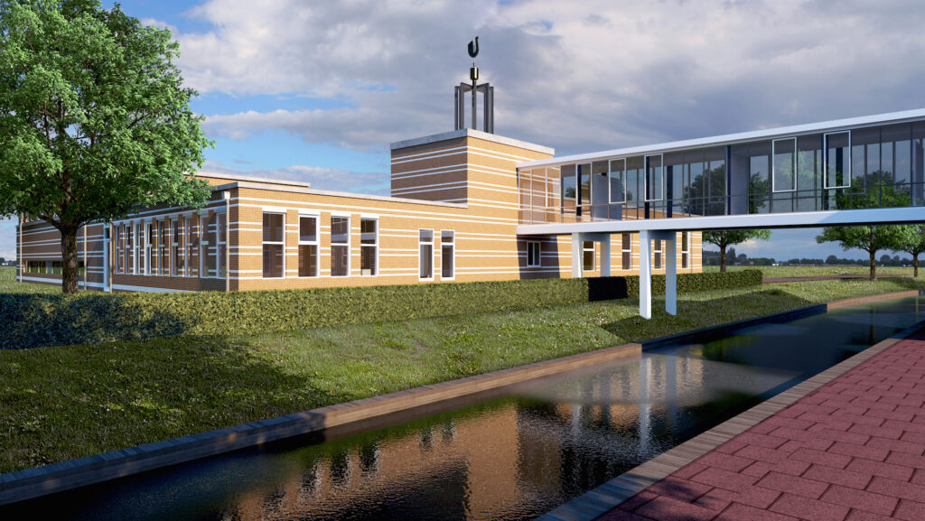 Artist impression van Garenkokerskade 81 aan de Garenkokersvaart, met de glazen luchtbrug over het water en de dakruiter met windhaan op het platte dak