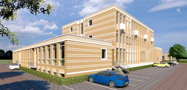 Artist impression van het drielaagse hoofdgebouw van Garenkokerskade 81, met gevels van gele baksteen en witte speklagen