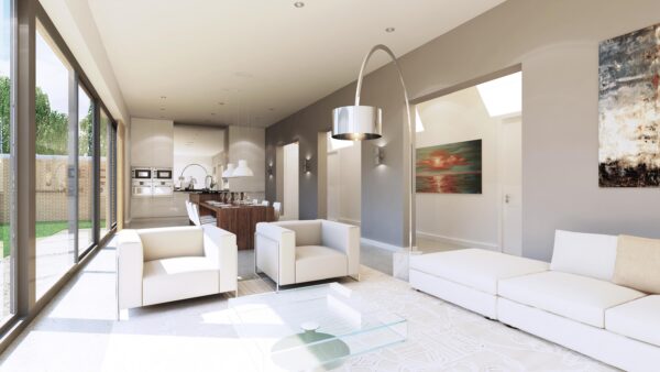 Artist impression van een woonkamer met open keuken in Garenkokerskade 81, met een glazen pui over de volle lengte naar de tuin