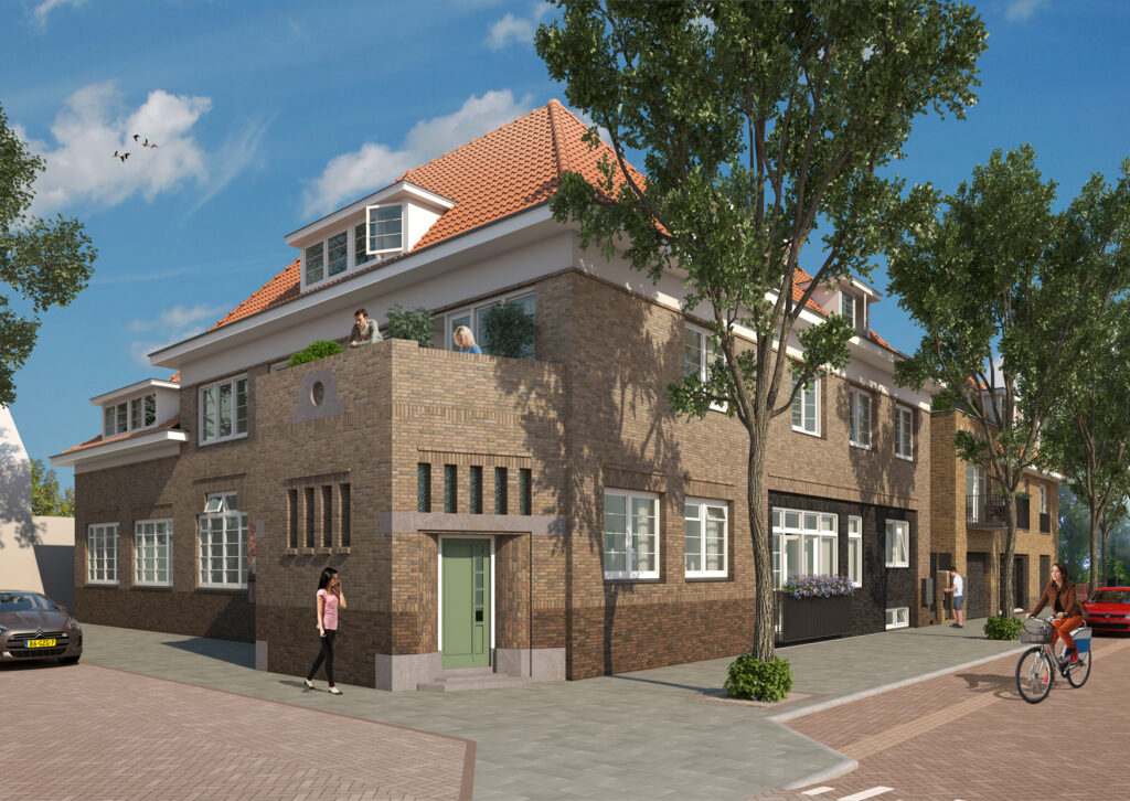 Artist impression van De Posterij op de hoek van de Raadhuisstraat en de Postlaan, het monumentale postkantoor van baksteen met rode pannen en een groene voordeur