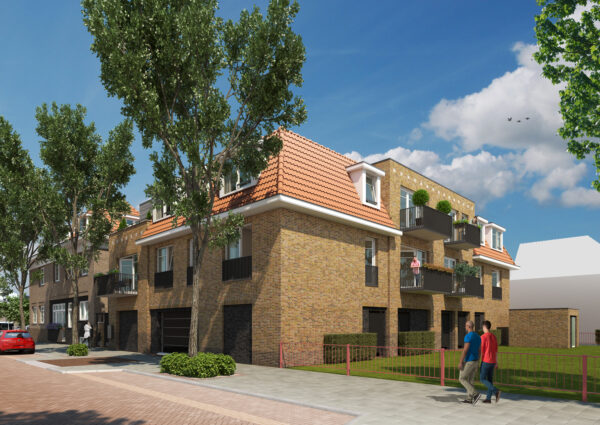 Artist impression van het nieuwbouwdeel van De Posterij, met balkons, dakkapellen in het pannendak en garagedeuren op de begane grond