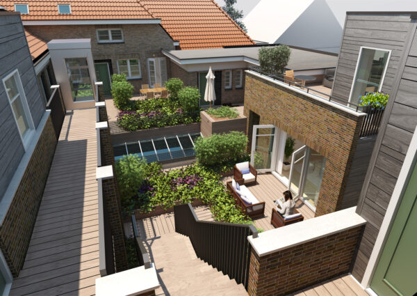 Artist impression van de binnentuin op de eerste verdieping van De Posterij, met houten vlonders, beplanting en de terrassen van de appartementen