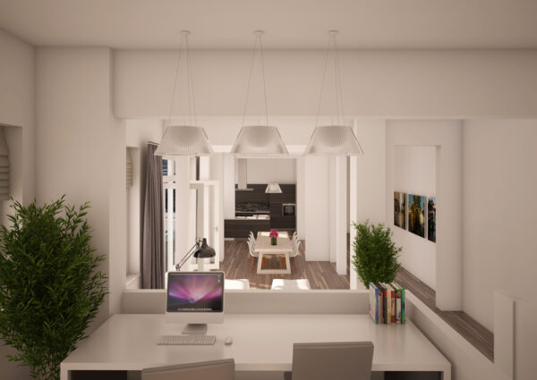 Artist impression van een appartement in De Posterij, met een werkplek en doorkijk naar de eettafel en de open keuken