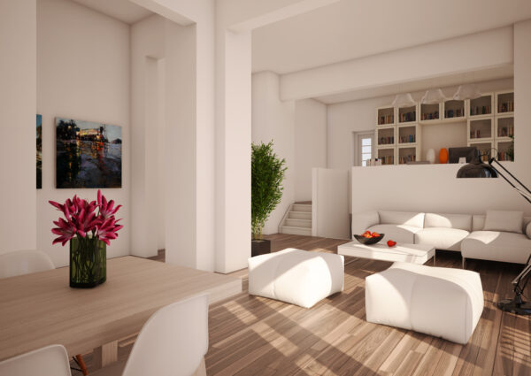 Artist impression van de woonkamer van een appartement in De Posterij, met houten vloer en een verhoogde bibliotheekhoek achter de zithoek