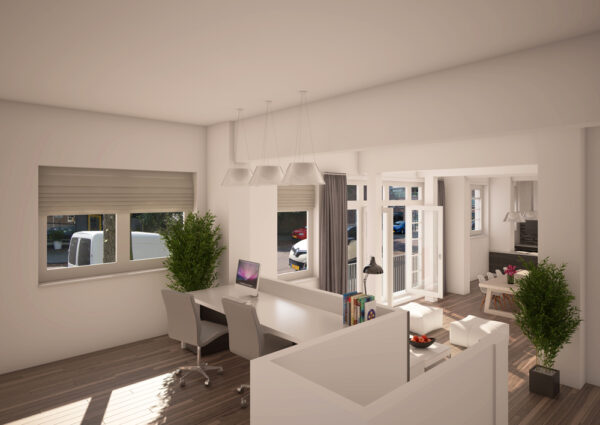 Artist impression van een woonkamer in De Posterij met een werkplek bij de ramen aan de straatzijde en openslaande deuren