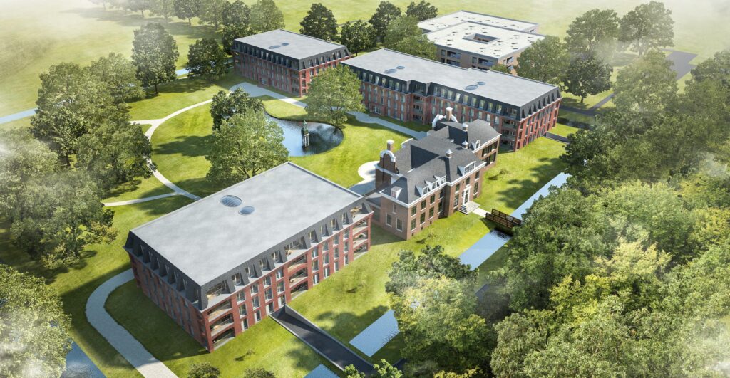 Artist impression van landgoed Alverna vanuit de lucht, met de nieuwe villa's van rode baksteen en leien kappen rond het historische landhuis en de vijver