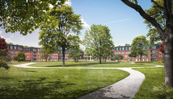 Artist impression van het park op landgoed Alverna, met een slingerend grindpad tussen oude bomen en de nieuwe villa's op de achtergrond