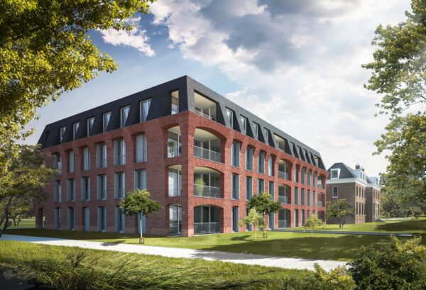 Artist impression van La Verna, met gevels van rode baksteen, besloten loggia's achter gemetselde bogen en een kap van donkergrijze leien
