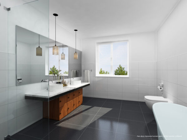 Artist impression van een badkamer in La Verna, met glazen douchewand, dubbele wastafel op een houten meubel en een vrijstaand bad