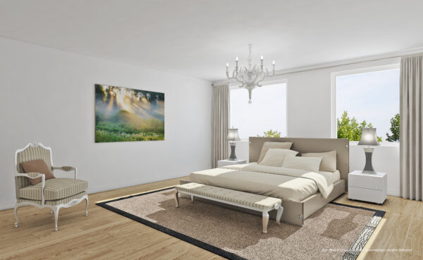 Artist impression van een slaapkamer in La Verna, met houten vloer, lichte gordijnen en ramen met uitzicht op het groen