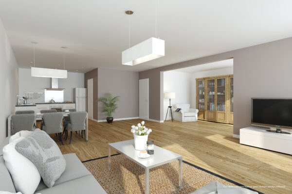 Artist impression van de woonkamer van een appartement in La Verna, met houten vloer, open keuken en een doorkijk naar een tweede zithoek