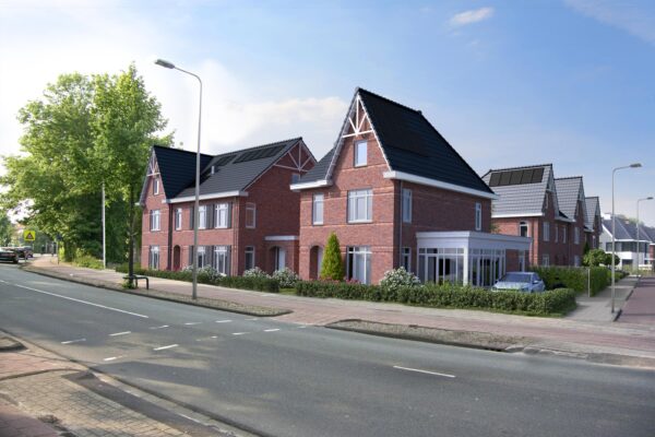 Artist impression van de hoek van Volmaackt, met een vrijstaande villa met glazen zijuitbouw en twee-onder-één-kapwoningen in jaren-30-stijl langs de straat