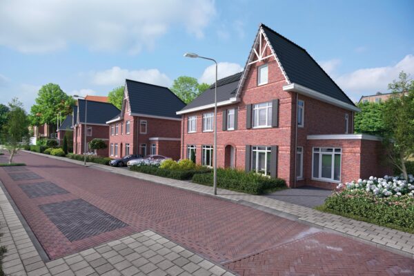 Artist impression van twee-onder-één-kapwoningen van Volmaackt met rode bakstenen gevels, witte houten topgevels en luiken aan een straat met visgraatbestrating
