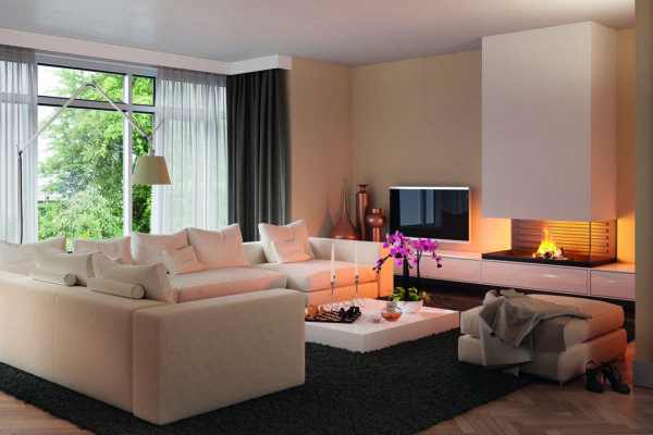 Artist impression van een woonkamer met open haard en grote ramen naar de tuin, als sfeerbeeld bij Volmaackt