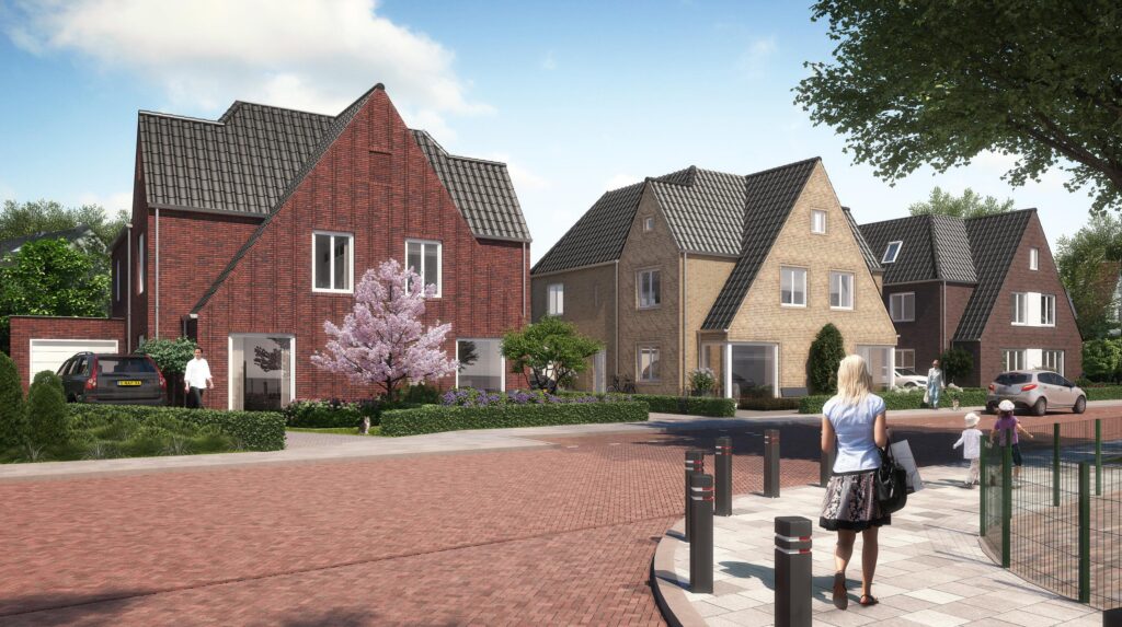 Artist impression van de drie tweekappers van De Heeren aan de Wüstelaan in rode, gele en donkerbruine baksteen, met voortuinen, hagen en voorbijgangers op straat