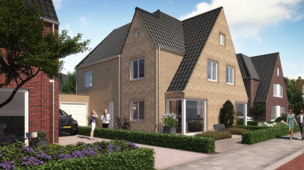 Artist impression van een tweekapper van De Heeren in gele baksteen met ruitmotief in het metselwerk, een glazen erker op de hoek en een garage met oprit
