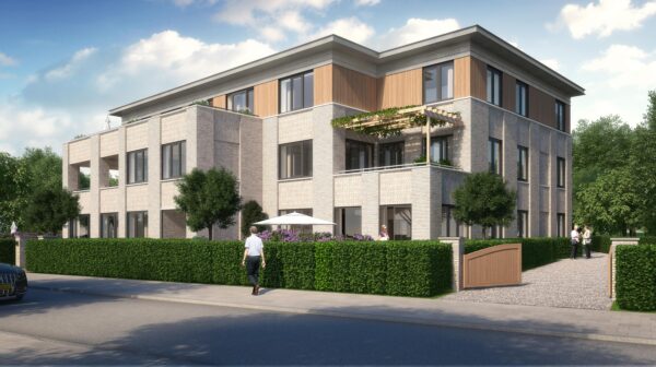 Artist impression van Vijverweg 14 vanaf de straat, een woongebouw van drie lagen met lichte baksteen, houten gevelbekleding en een pergola op een terras van de eerste verdieping