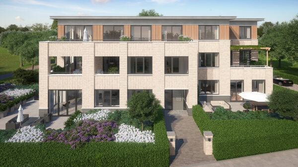 Artist impression van de gevel van Vijverweg 14 met het entreepad tussen de hagen, terrassen op de begane grond en loggia's op de eerste verdieping