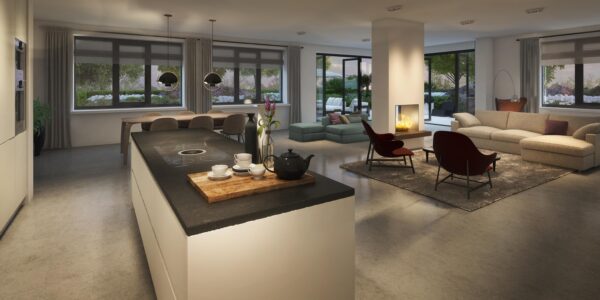 Artist impression van de open keuken met kookeiland en de woonkamer met open haard in een appartement van Vijverweg 14, met zicht op de tuin