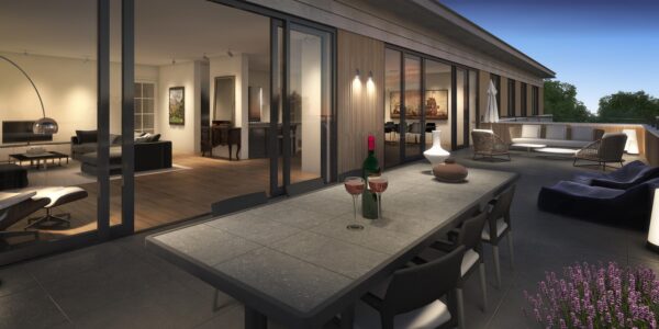 Artist impression van het dakterras van een appartement op de bovenste verdieping van Vijverweg 14 in de avond, met zicht op de woonkamer