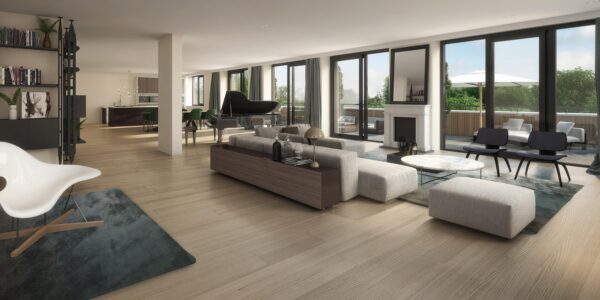 Artist impression van een lichte woonkamer met houten vloer, open haard en grote glazen puien naar het terras in een appartement van Vijverweg 14
