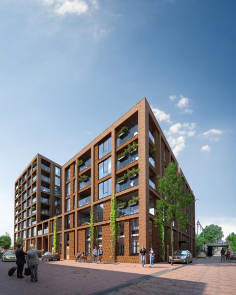 Artist impression van De Scheepmaker vanaf de straat, met roodbruine baksteen, loggia's met plantenbakken en klimplanten langs de gevel