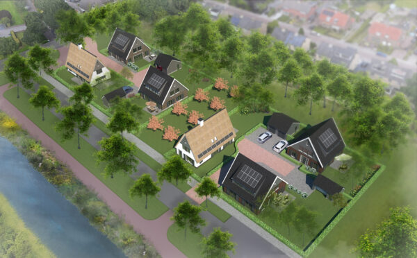 Artist impression vanuit de lucht van de zes villa's van 't Heem, met de groenstrook en het water aan de rand van Vathorst