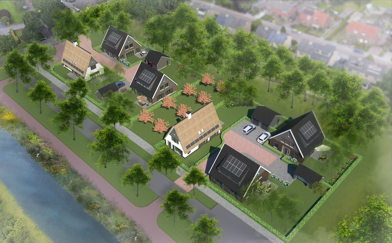 Artist impression vanuit de lucht van de zes villa's van 't Heem, met de groenstrook en het water aan de rand van Vathorst