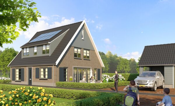 Artist impression van een villa in 't Heem met bakstenen gevel, zonnepanelen op het dak en een vrijstaande garage