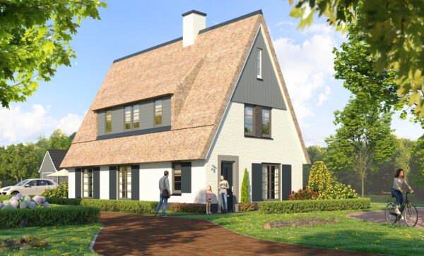 Artist impression van een wit gekeimde villa in 't Heem met rieten kap en een oprit van klinkers
