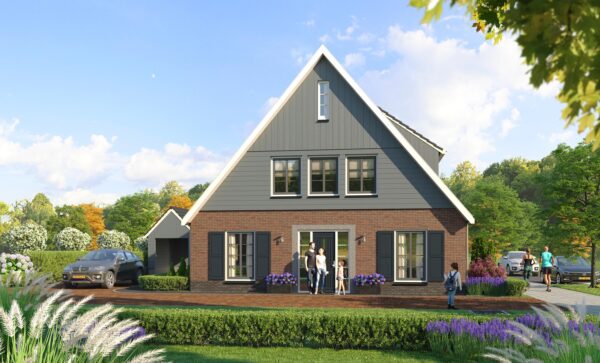 Artist impression van de voorzijde van een villa in 't Heem met bakstenen onderbouw en een donkere houten topgevel