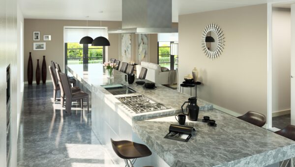 Artist impression van de open leefkeuken in een villa van 't Heem, met een ruim kookeiland en zicht op de tuin