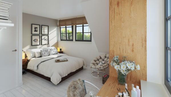 Artist impression van een slaapkamer onder de kap in een villa van 't Heem, met dakkapel en houten wand