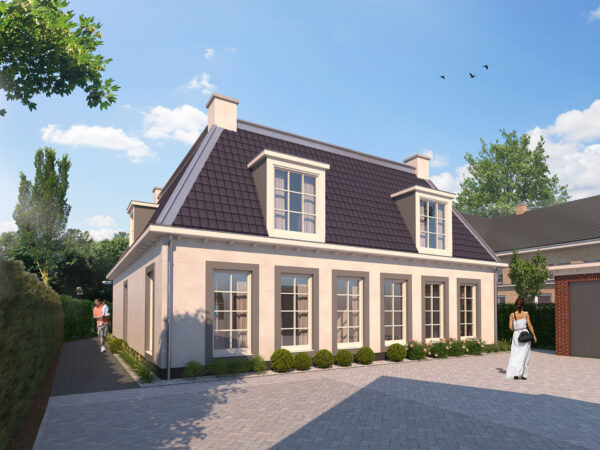 Artist impression van het koetshuis van Herendael in het achtergelegen hofje, met lichte gevel, mansardekap en dakkapellen