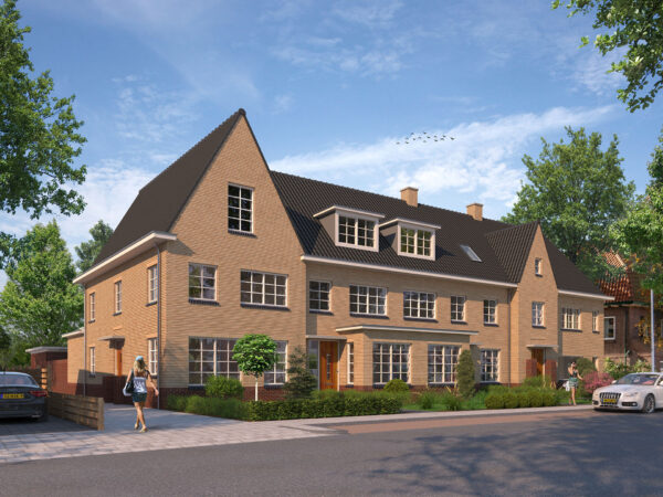 Artist impression van de vier herenhuizen van Herendael aan de Dr. Dirk Bakkerlaan, met lichte baksteen, hoge kappen, dakkapellen en een erker