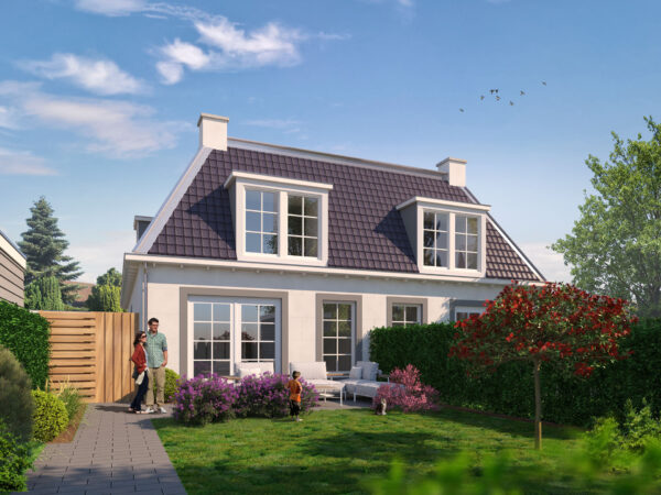 Artist impression van de tuinzijde van het koetshuis van Herendael, met openslaande deuren naar het terras en een tuin tussen hagen