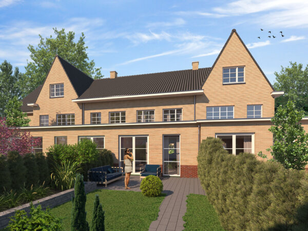 Artist impression van de tuinzijde van de herenhuizen van Herendael, met openslaande deuren naar het terras en de tuin op het zuiden