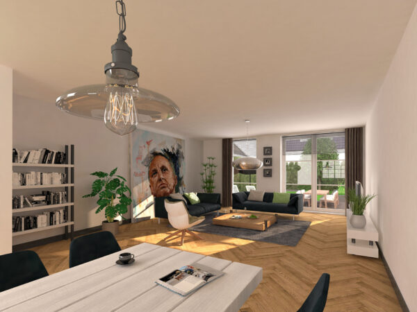 Artist impression van de woonkamer in een woning van Herendael, met visgraatvloer en een glazen pui naar de tuin
