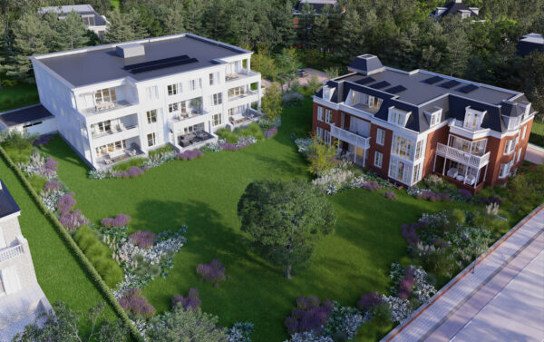 Artist impression van de witte en de rode villa van Kweekduin vanuit de lucht, met het grasveld, de grote boom en de borders langs de Bloemendaalseweg