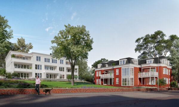 Artist impression van de twee villa's van Kweekduin vanaf de Bloemendaalseweg, met het glooiende grasveld achter een lage bakstenen muur