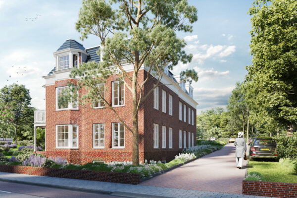 Artist impression van de rode villa van Kweekduin met gevels van rode baksteen, witte kozijnen en een leien kap, naast de oprit