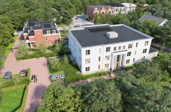 Artist impression van de entreezijde van de witte villa vanuit de lucht, met het parkeerterrein en de rode villa op de achtergrond