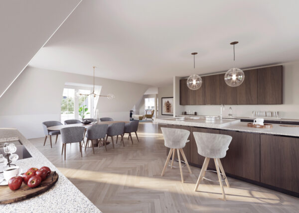 Artist impression van de open keuken met kookeiland en de eethoek onder de schuine kap van een appartement in Kweekduin