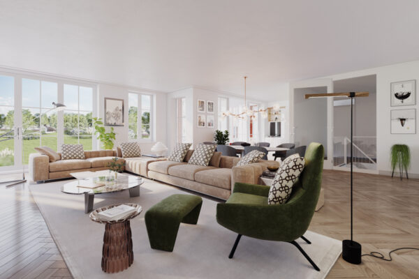 Artist impression van de woonkamer van een appartement in Kweekduin, met hoge ramen op de tuin en een visgraatvloer