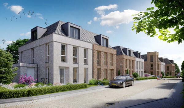 Artist impression van de straatzijde van Blekersduin, geschakelde villa's in baksteen met natuurstenen leiendaken en dakkapellen