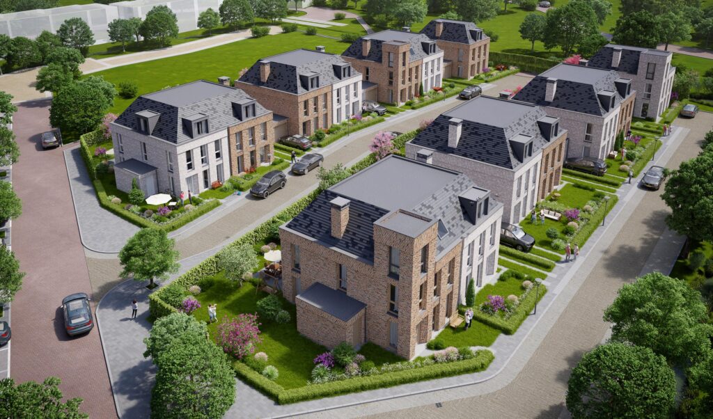 Artist impression vanuit de lucht van de villa's van Blekersduin aan weerszijden van de straat