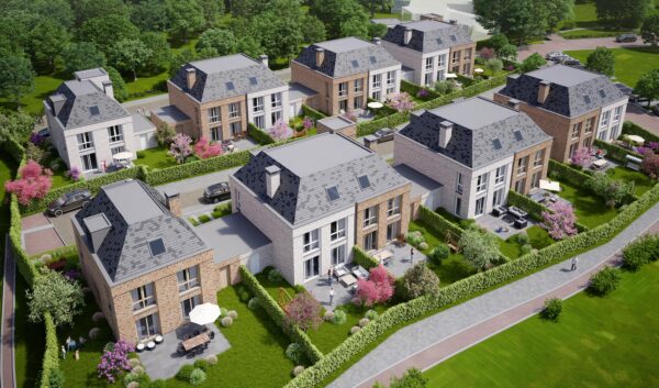 Artist impression vanuit de lucht van de achtertuinen van Blekersduin, met terrassen, hagen en bloeiende bomen