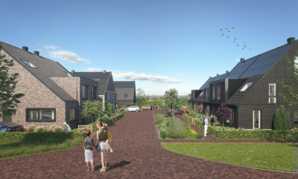 Artist impression van het straatbeeld in Haarlem Buiten, woningen met zonnepanelen op de daken