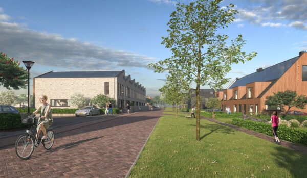 Artist impression van de schuurwoningen in Haarlem Buiten langs een groenstrook aan de straatzijde